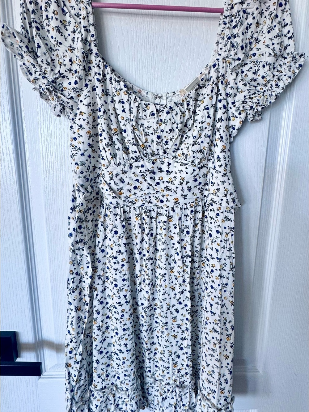 Floral Scoop Neck Midi Dress in White with Blue & Yellow Flowers